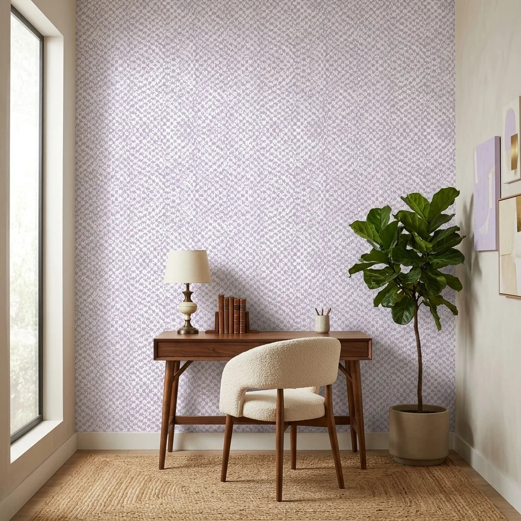 Lavender Drift lilac abstract peel and stick wallpaper creating ambiance in a serene bathroom