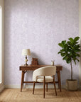 Lavender Drift lilac abstract peel and stick wallpaper creating ambiance in a serene bathroom
