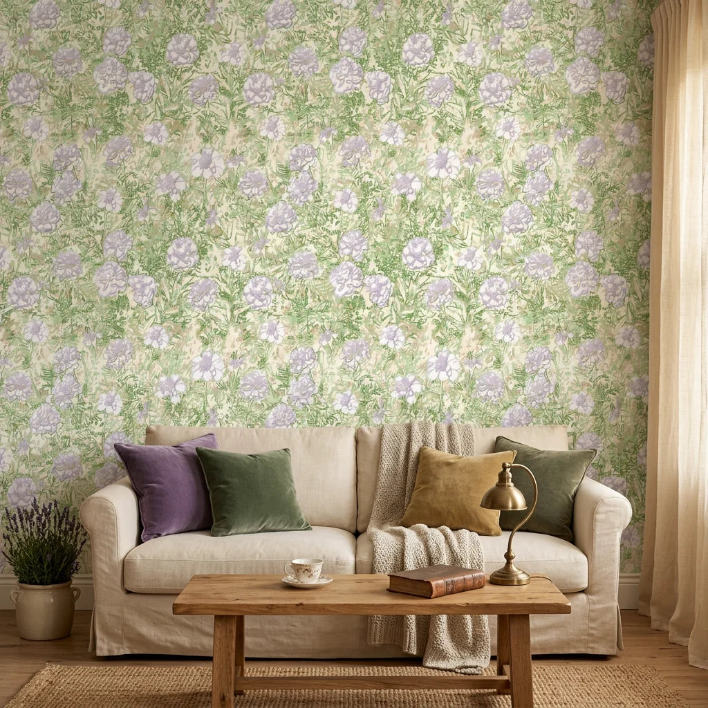 Lavender Garden floral wallpaper with purple blooms and green foliage on cream background in living room setting