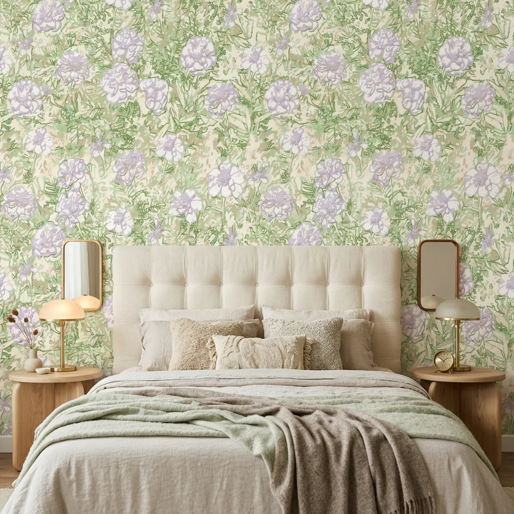 Lavender Garden floral wallpaper with purple blooms and green foliage on cream bedroom accent wall
