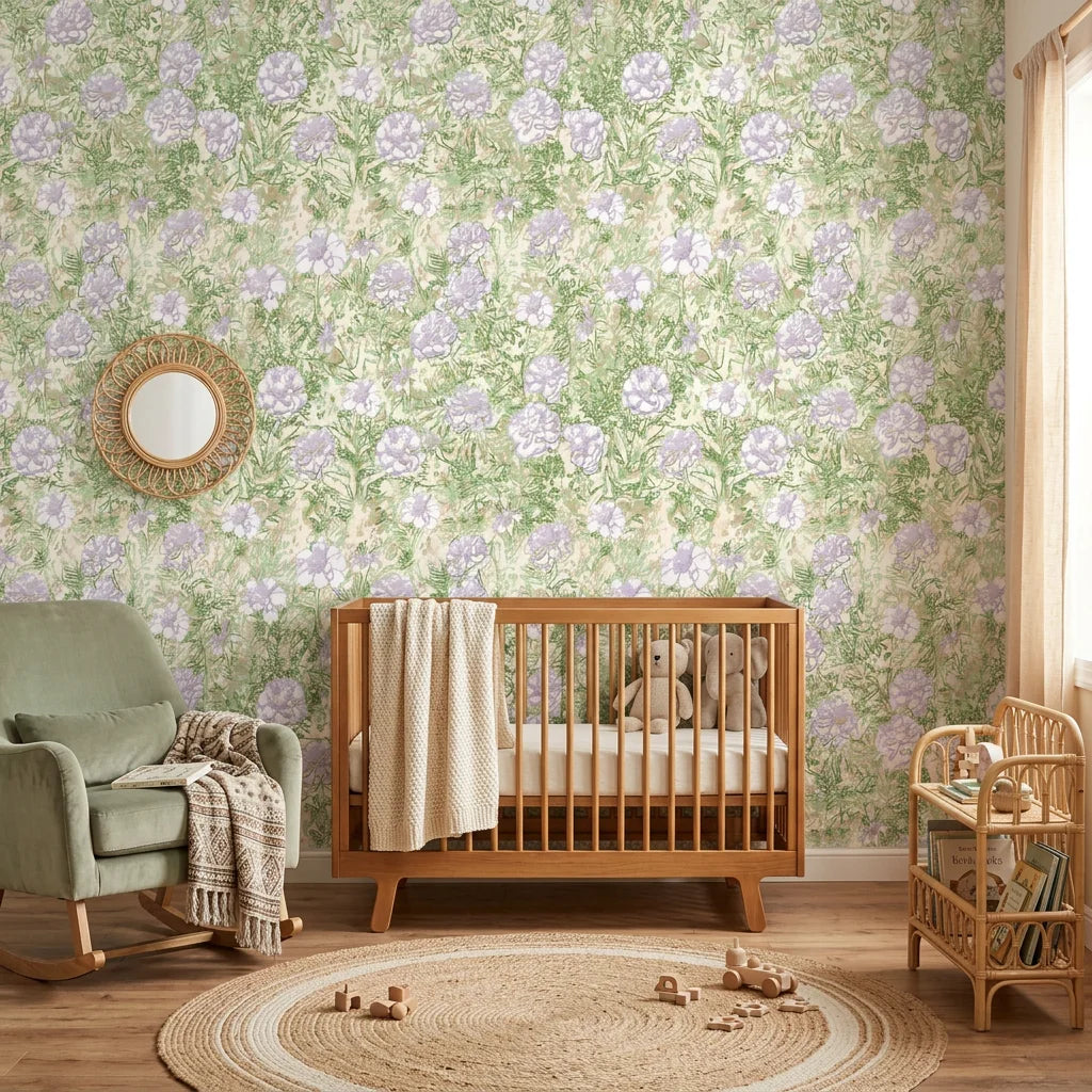 Lavender Garden removable wallpaper with purple florals and green foliage in serene nursery setting