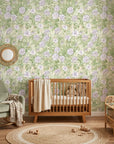 Lavender Garden removable wallpaper with purple florals and green foliage in serene nursery setting