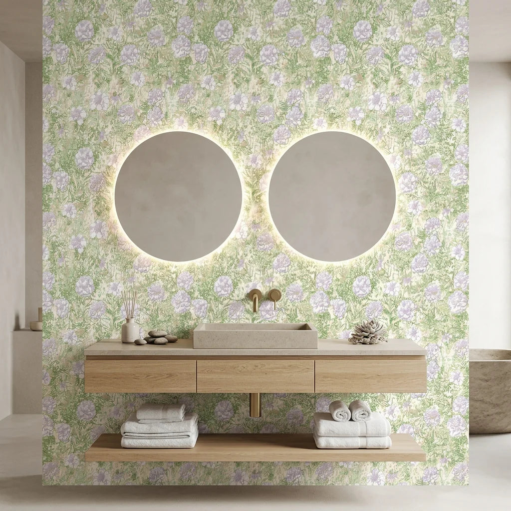 Lavender and green floral Lavender Garden peel and stick wallpaper in modern spa bathroom