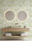Lavender and green floral Lavender Garden peel and stick wallpaper in modern spa bathroom