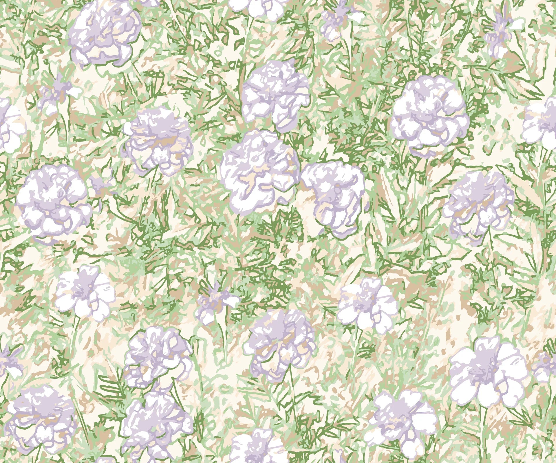 Cottage-style Lavender Garden wallpaper with soft purple blooms and green foliage on cream background