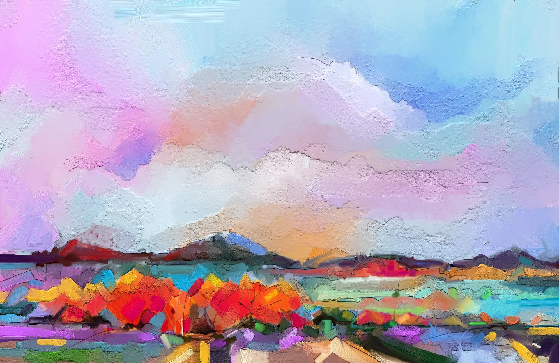 Lavender Storm colorful abstract landscape wallpaper creating ambiance in a serene bathroom