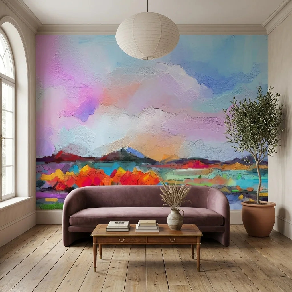 Textured colorful lavender and pink abstract landscape peel and stick wallpaper - Lavender Storm