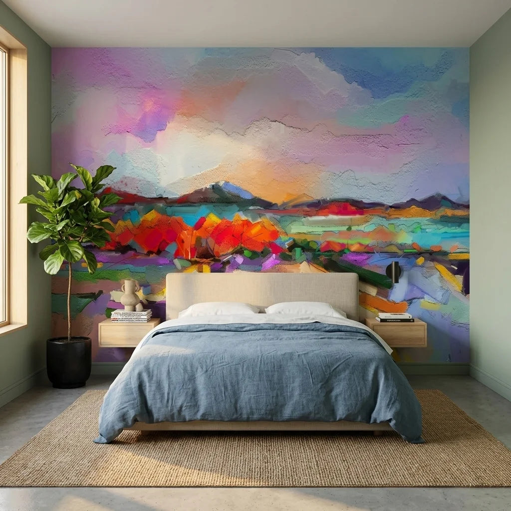 Lavender Storm colorful abstract landscape wallpaper in a warm and inviting living room