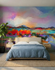 Lavender Storm colorful abstract landscape wallpaper in a warm and inviting living room