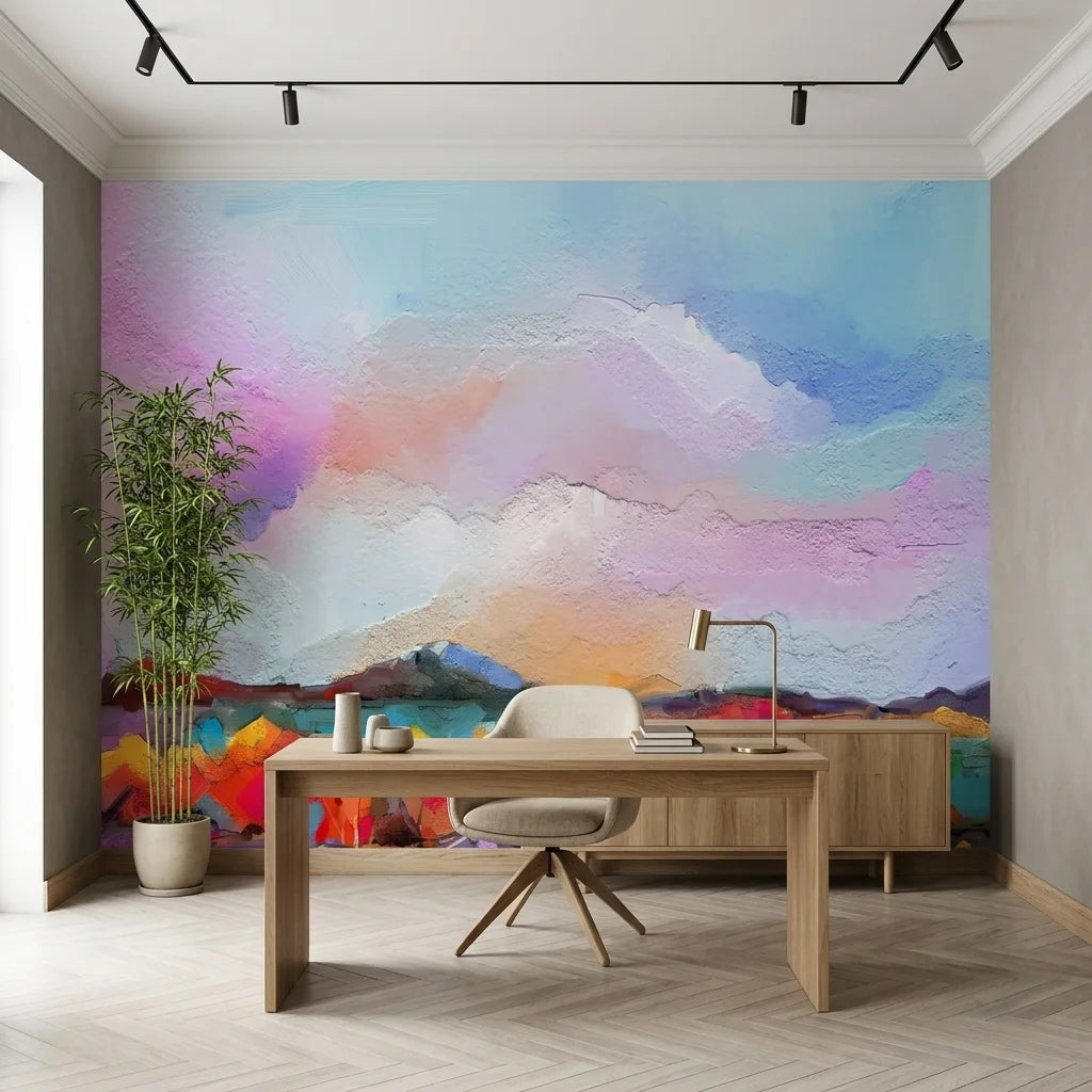 Lavender Storm colorful abstract landscape wallpaper as a feature wall in a bright home office