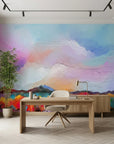 Lavender Storm colorful abstract landscape wallpaper as a feature wall in a bright home office