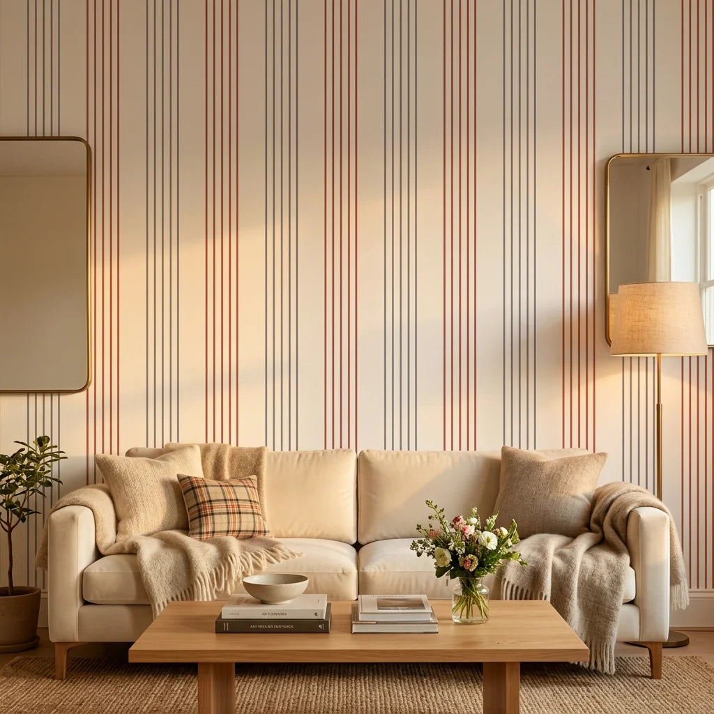 Lavender Stripe peel and stick wallpaper with rust and blue vertical lines in modern living room