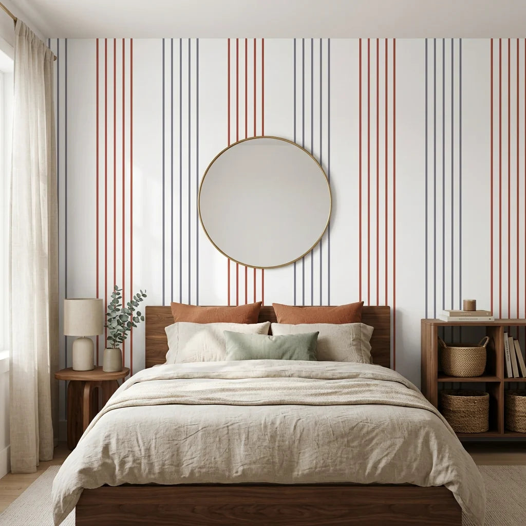 Rust and gray striped Lavender Stripe peel and stick wallpaper in modern coastal bedroom setting