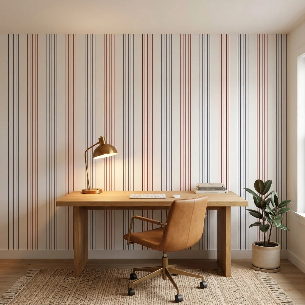 Lavender Stripe removable wallpaper on home office accent wall with natural wood desk