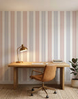 Lavender Stripe removable wallpaper on home office accent wall with natural wood desk