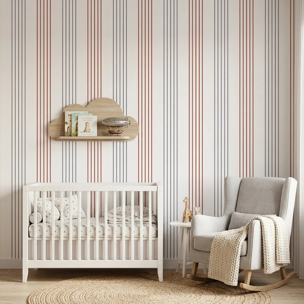 Lavender and rust striped peel and stick wallpaper in modern nursery setting