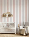 Lavender and rust striped peel and stick wallpaper in modern nursery setting