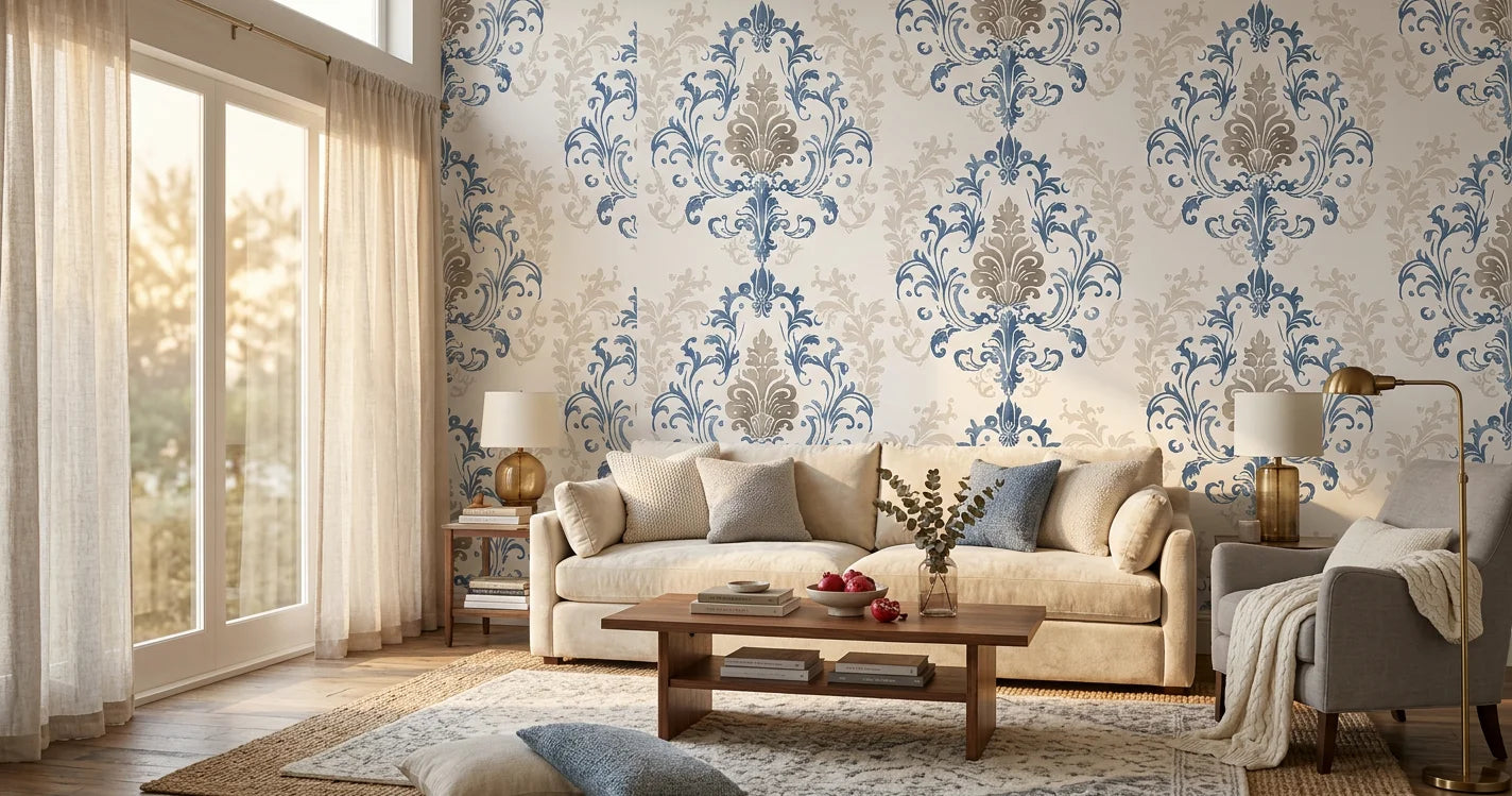 Lavish Flower Mosaic blue and beige classic damask wallpaper in a warm and inviting living room