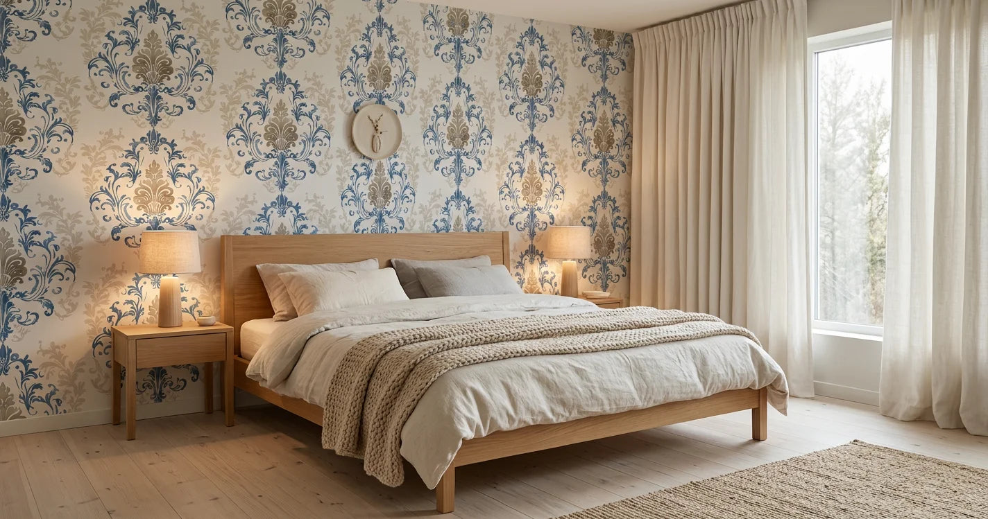Lavish Flower Mosaic blue and beige classic damask wallpaper adding character to a cozy bedroom