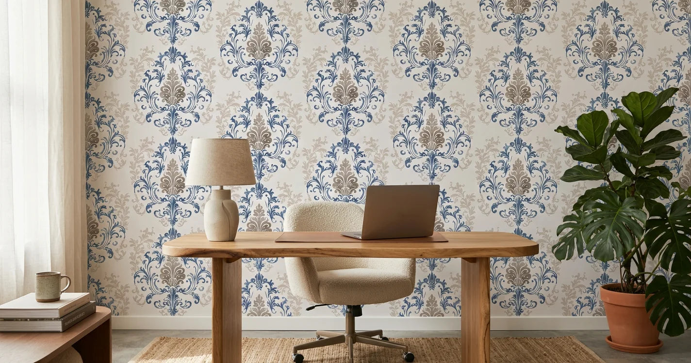 Lavish Flower Mosaic blue and beige classic damask wallpaper as a feature wall in a bright home office