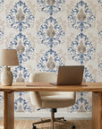Lavish Flower Mosaic blue and beige classic damask wallpaper as a feature wall in a bright home office