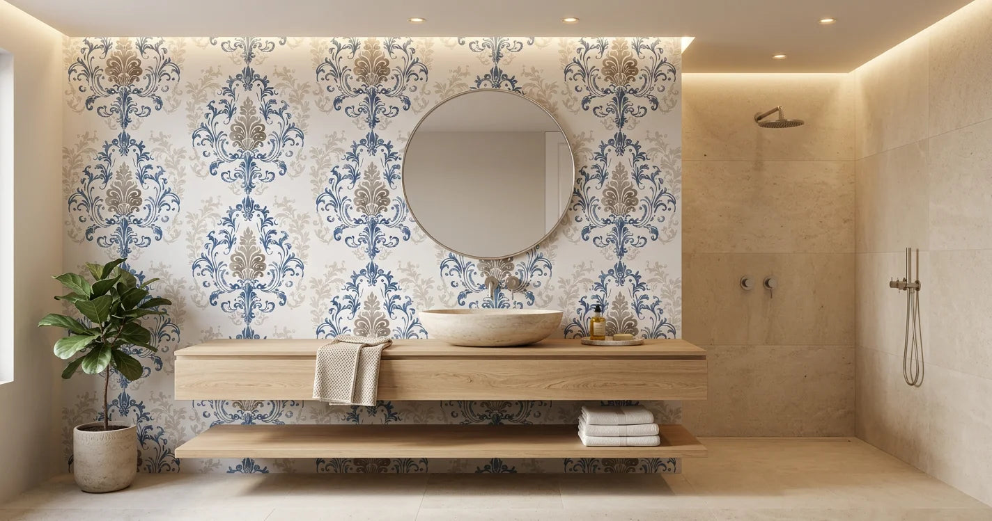 Lavish Flower Mosaic blue and beige classic damask wallpaper creating ambiance in a serene bathroom