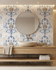 Lavish Flower Mosaic blue and beige classic damask wallpaper creating ambiance in a serene bathroom