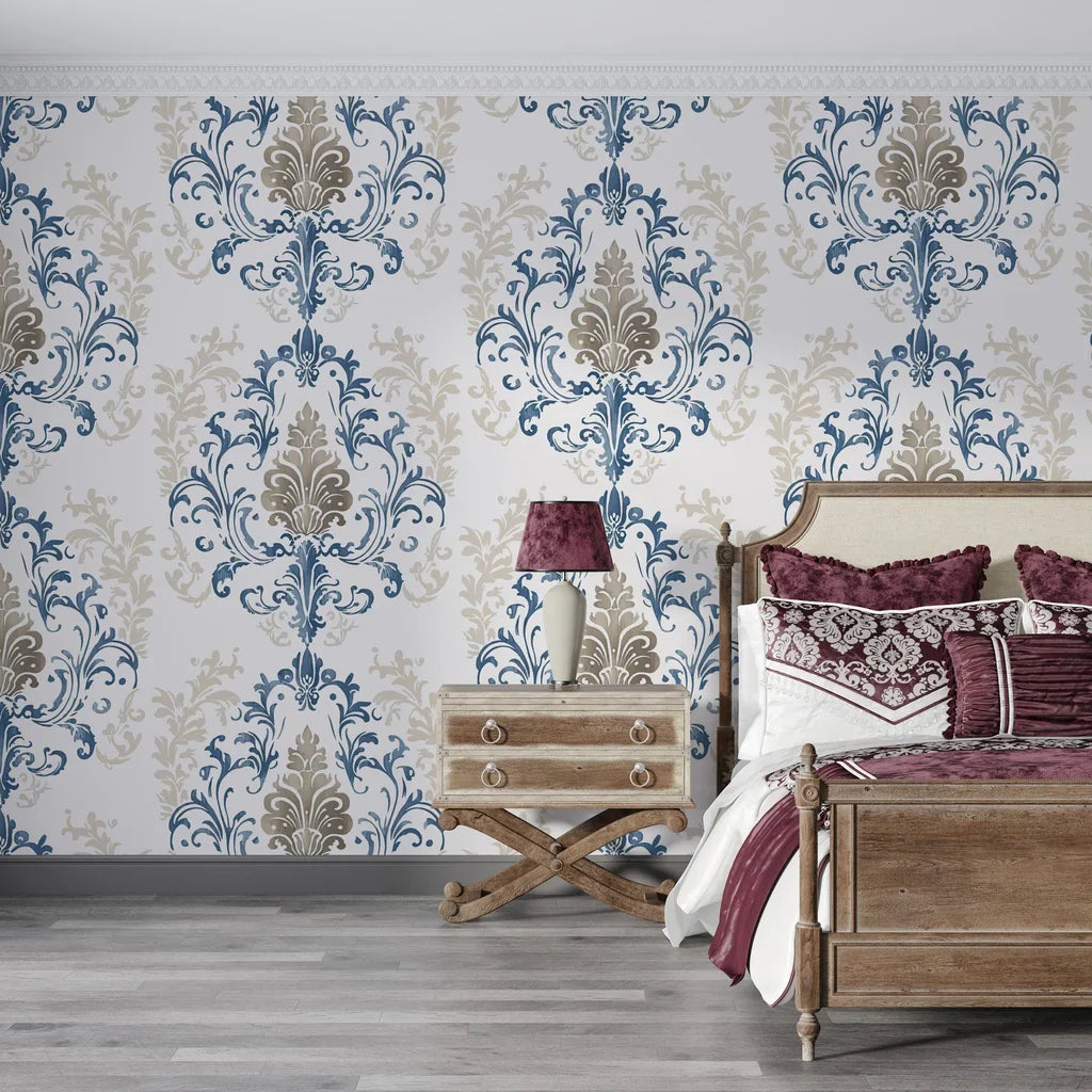 Blue and taupe damask Lavish Flower Mosaic peel and stick wallpaper in elegant bedroom setting