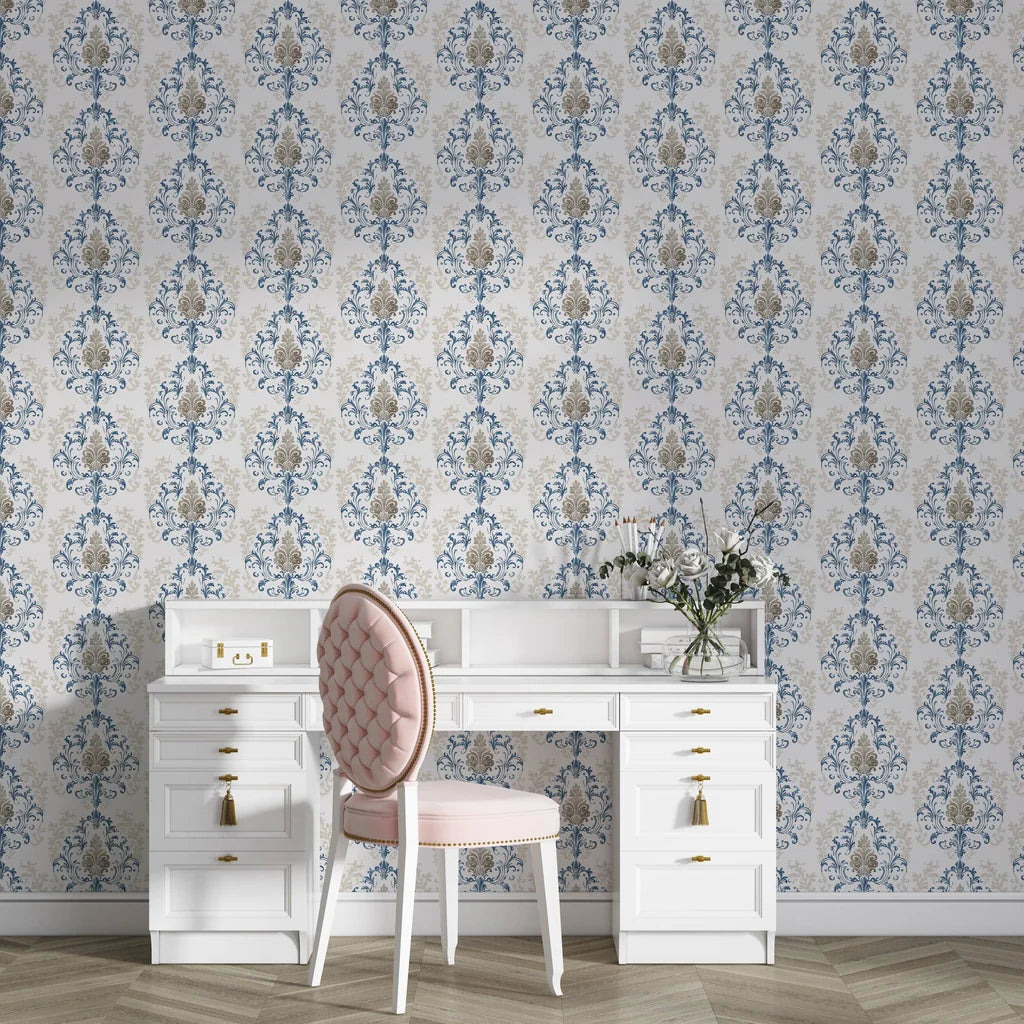 Blue and taupe Lavish Flower Mosaic damask wallpaper in elegant vanity room with white furniture
