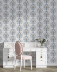 Blue and taupe Lavish Flower Mosaic damask wallpaper in elegant vanity room with white furniture