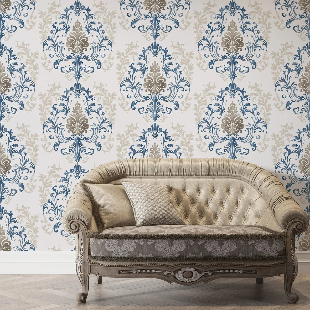 Blue and taupe Lavish Flower Mosaic damask wallpaper on living room wall with vintage sofa