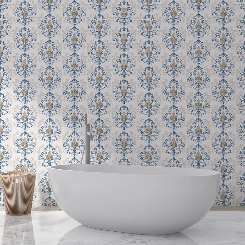 Blue and taupe Lavish Flower Mosaic damask wallpaper in elegant bathroom setting with freestanding tub