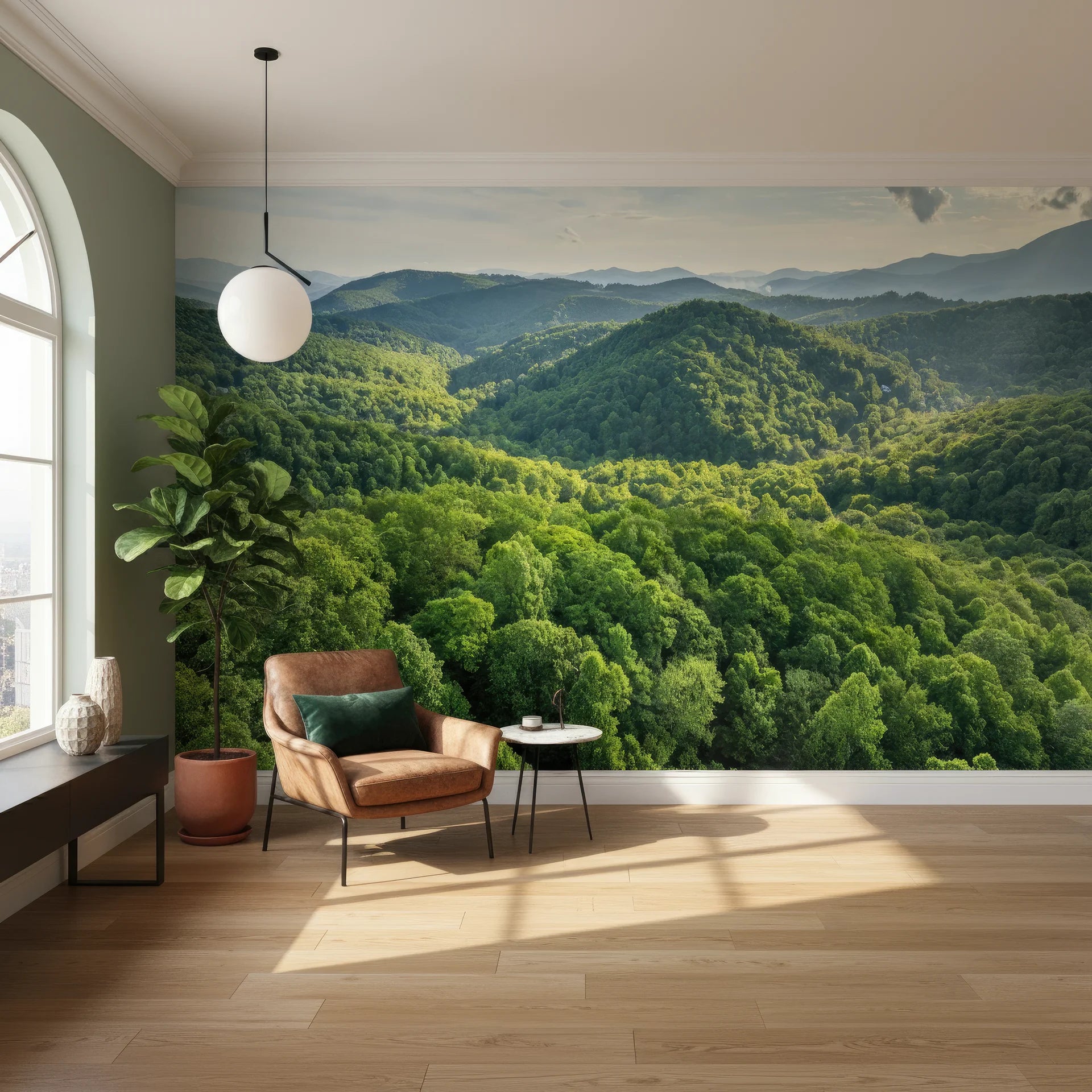Multi-layered green landscape with atmospheric depth removable wallpaper