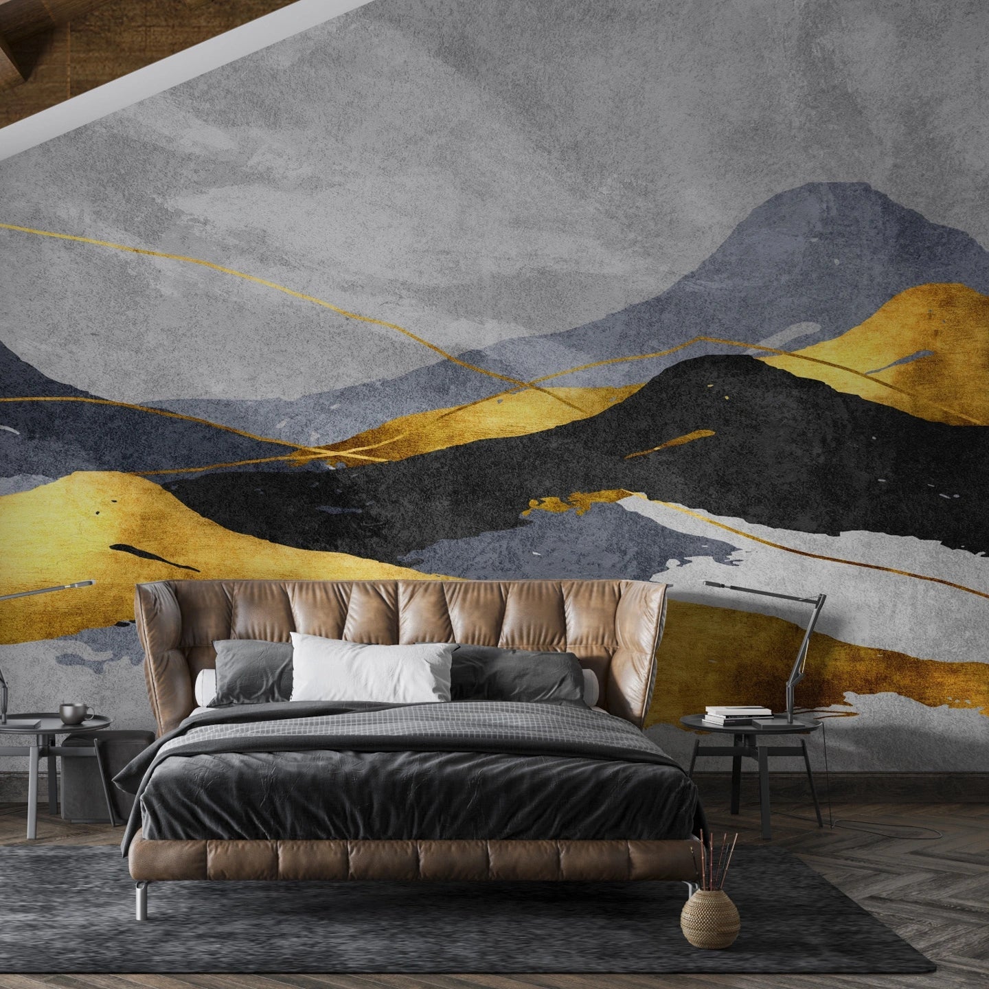 Gray and gold Layered Mountains abstract wallpaper with geometric peaks in modern bedroom