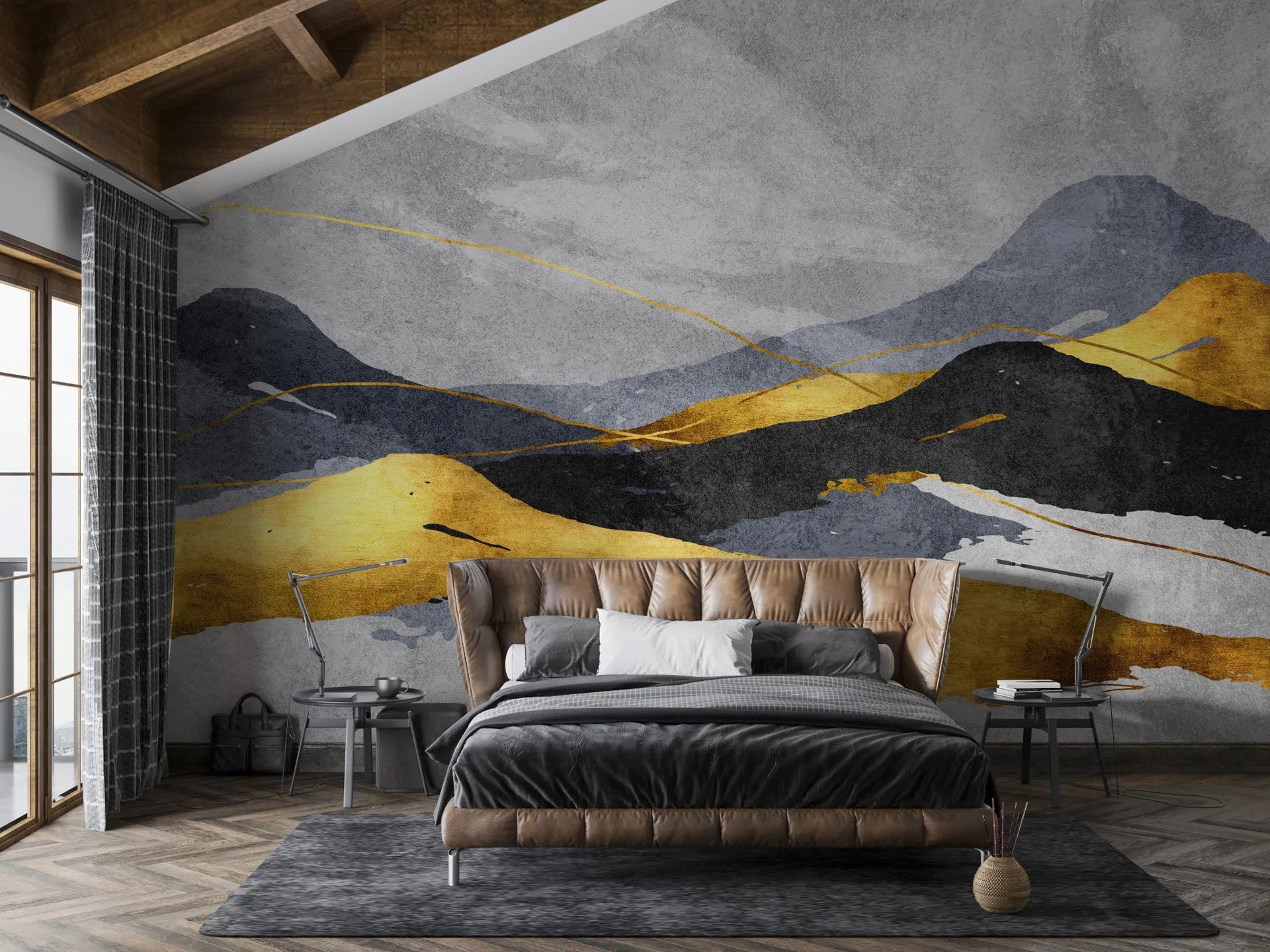 Abstract mountain landscape mural with gold and charcoal layers on modern bedroom accent wall