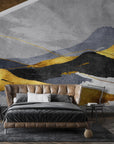 Gray and gold Layered Mountains abstract wallpaper with geometric peaks in modern bedroom