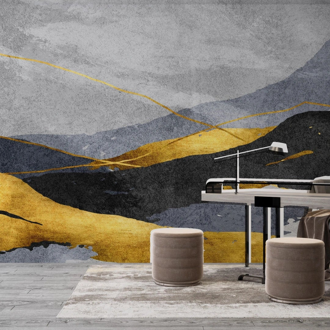 Abstract Layered Mountains wallpaper with gold and charcoal peaks in modern home office setting