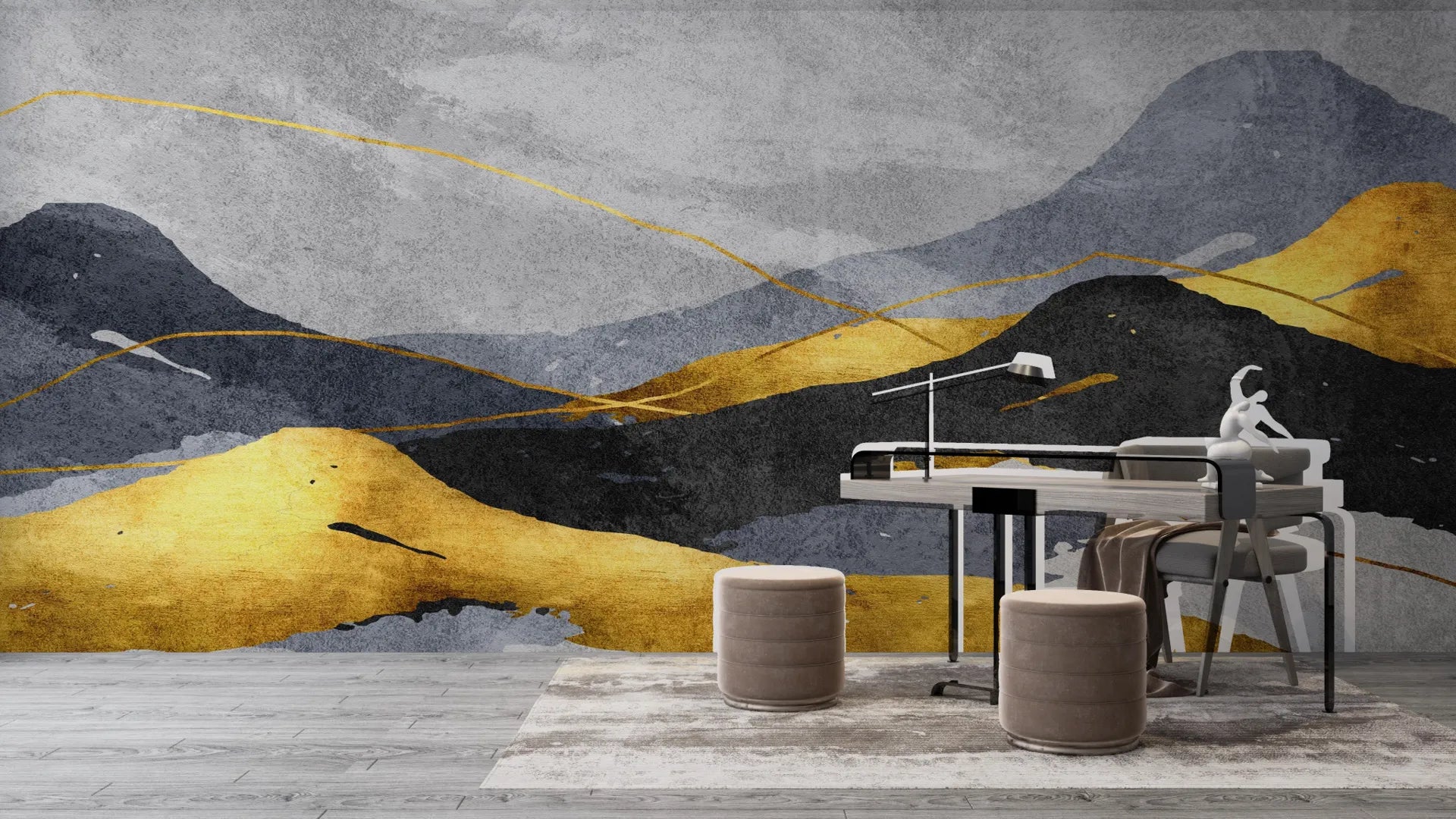 Gold and gray Layered Mountains abstract wallpaper in modern home office setting