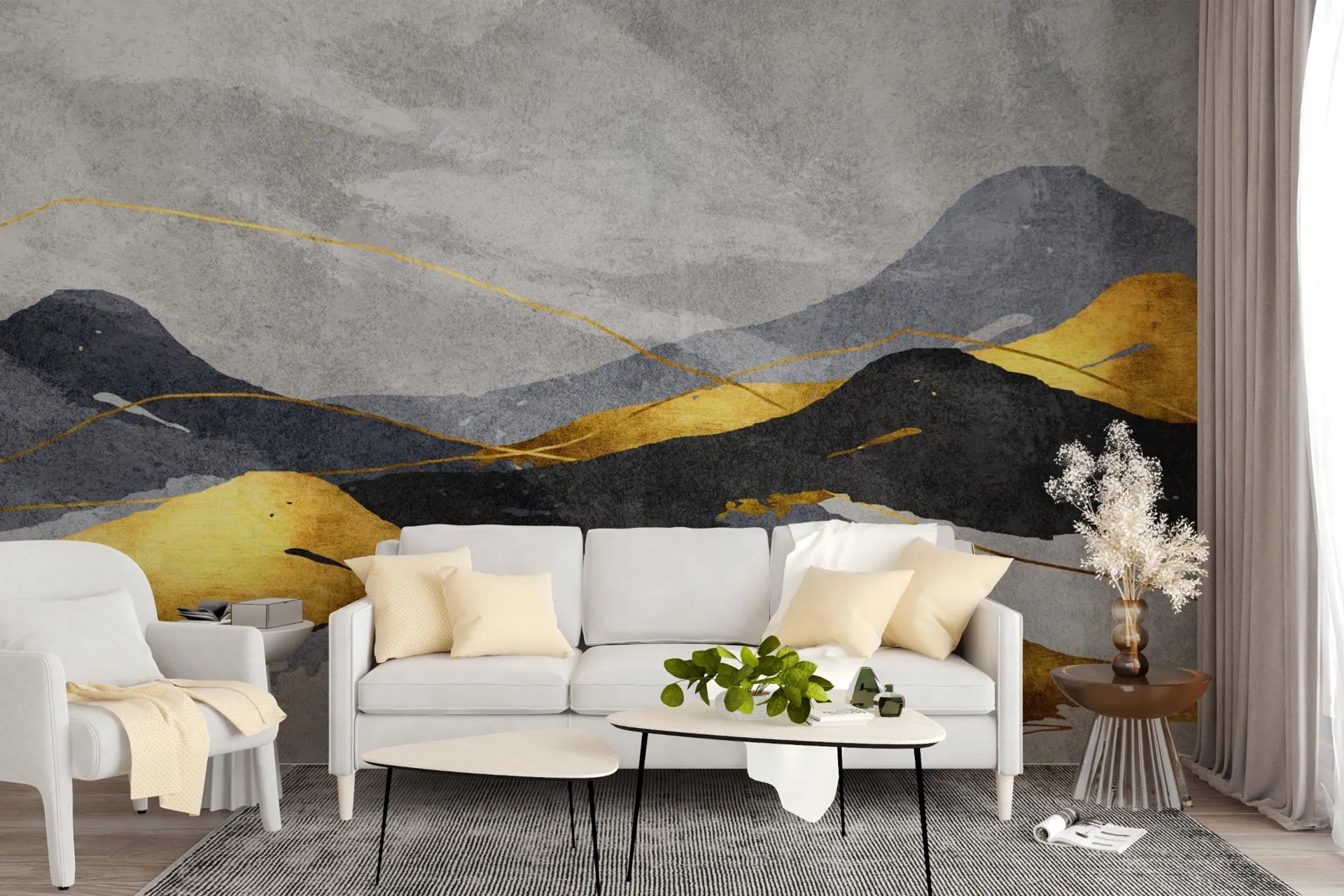 Layered Mountains wallpaper with gold and charcoal peaks on textured gray background in modern living room