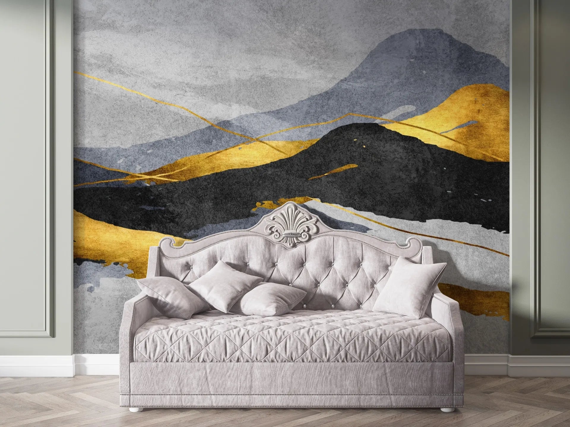 Gray and gold Layered Mountains peel and stick wallpaper behind ornate tufted daybed in elegant bedroom