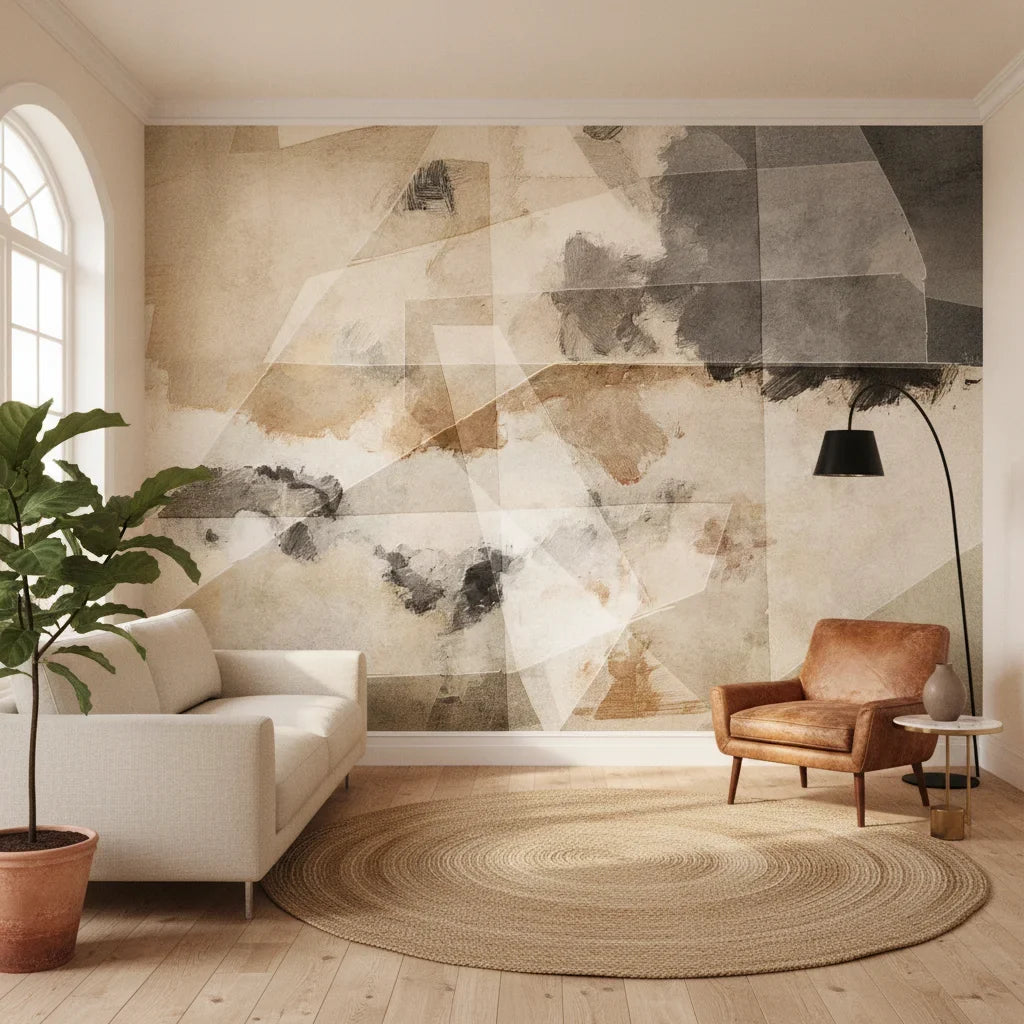 Layered Fragments modern grey and tan geometric in a warm and inviting living room