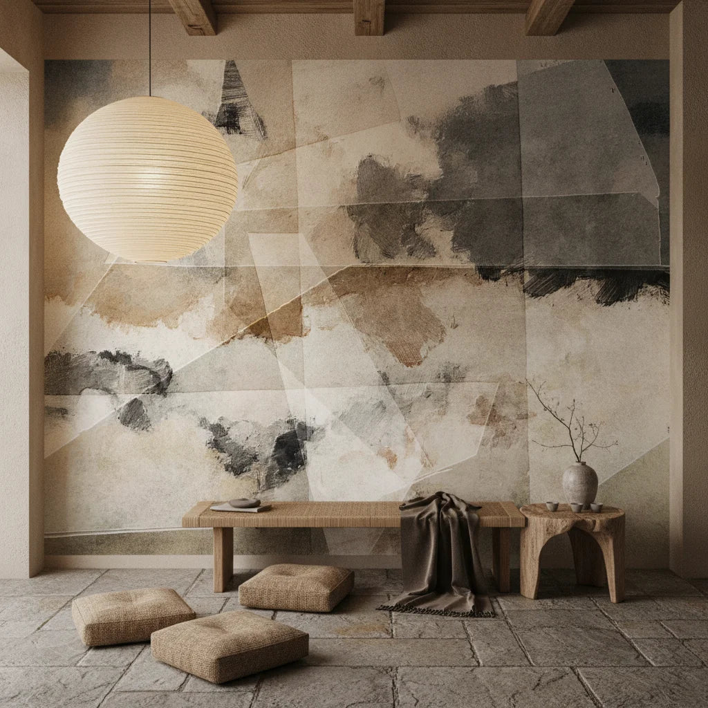 Layered Fragments modern grey and tan geometric as a feature wall in a bright home office