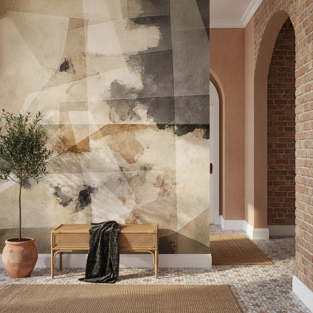 Layered Fragments modern grey and tan geometric creating ambiance in a serene bathroom