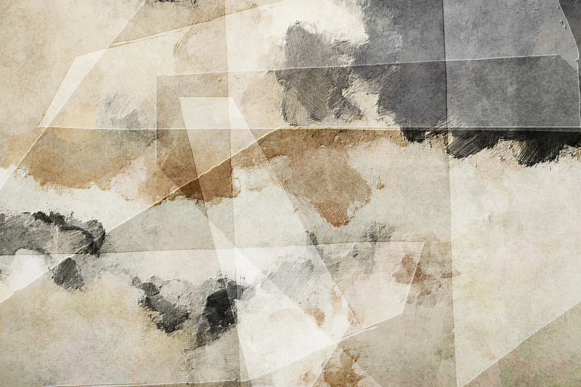Canvas-like peel and stick wallpaper with grey tan geometric fragments - Layered Fragments