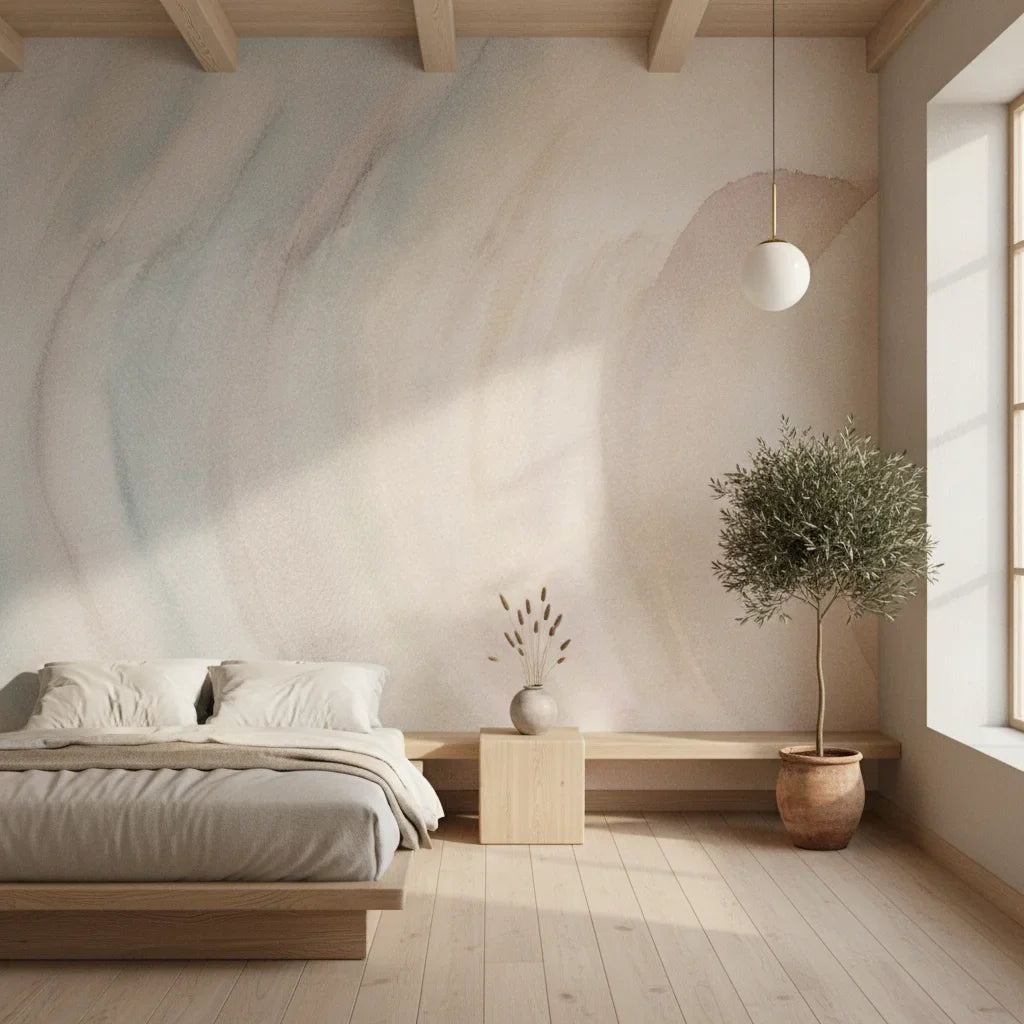 Layered Haze soft blue and blush painterly in a warm and inviting living room
