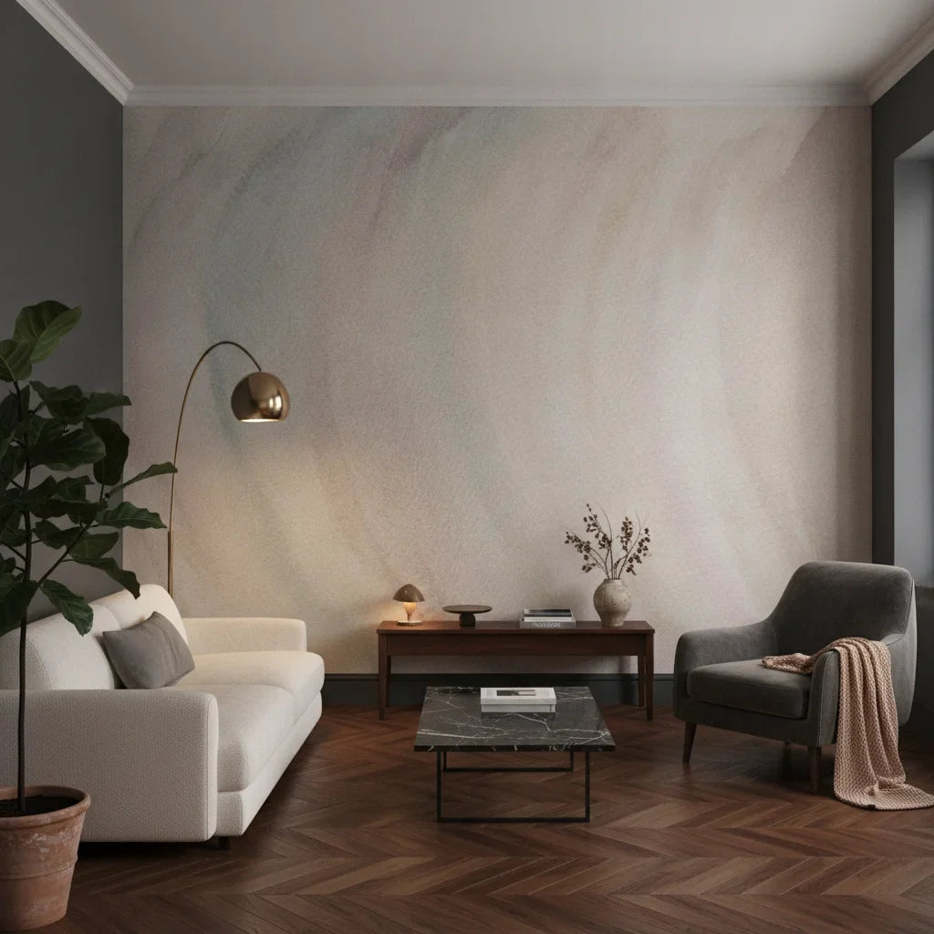 Layered Haze soft blue and blush painterly as a feature wall in a bright home office