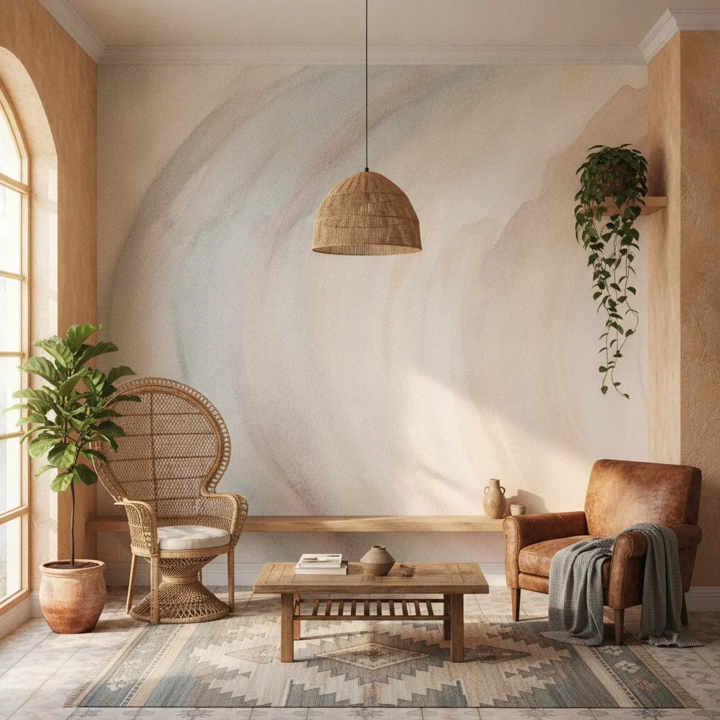 Layered Haze soft blue and blush painterly creating ambiance in a serene bathroom