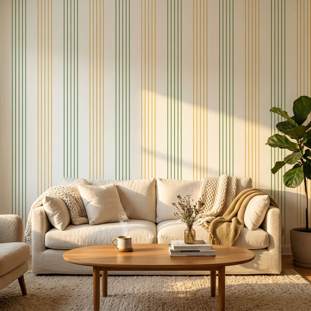 Green and mustard vertical stripe removable wallpaper in modern living room with cream sofa