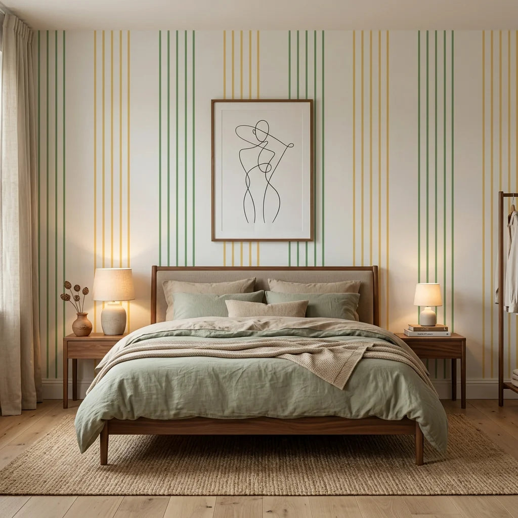 Green and gold Leaf Stripe peel and stick wallpaper on serene bedroom accent wall with natural lighting