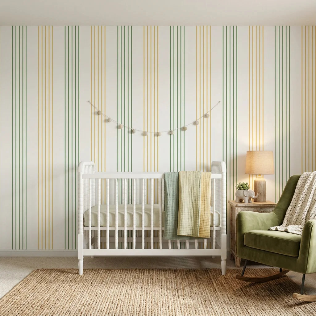 Leaf Stripe removable wallpaper in sage green and mustard yellow stripes on nursery accent wall